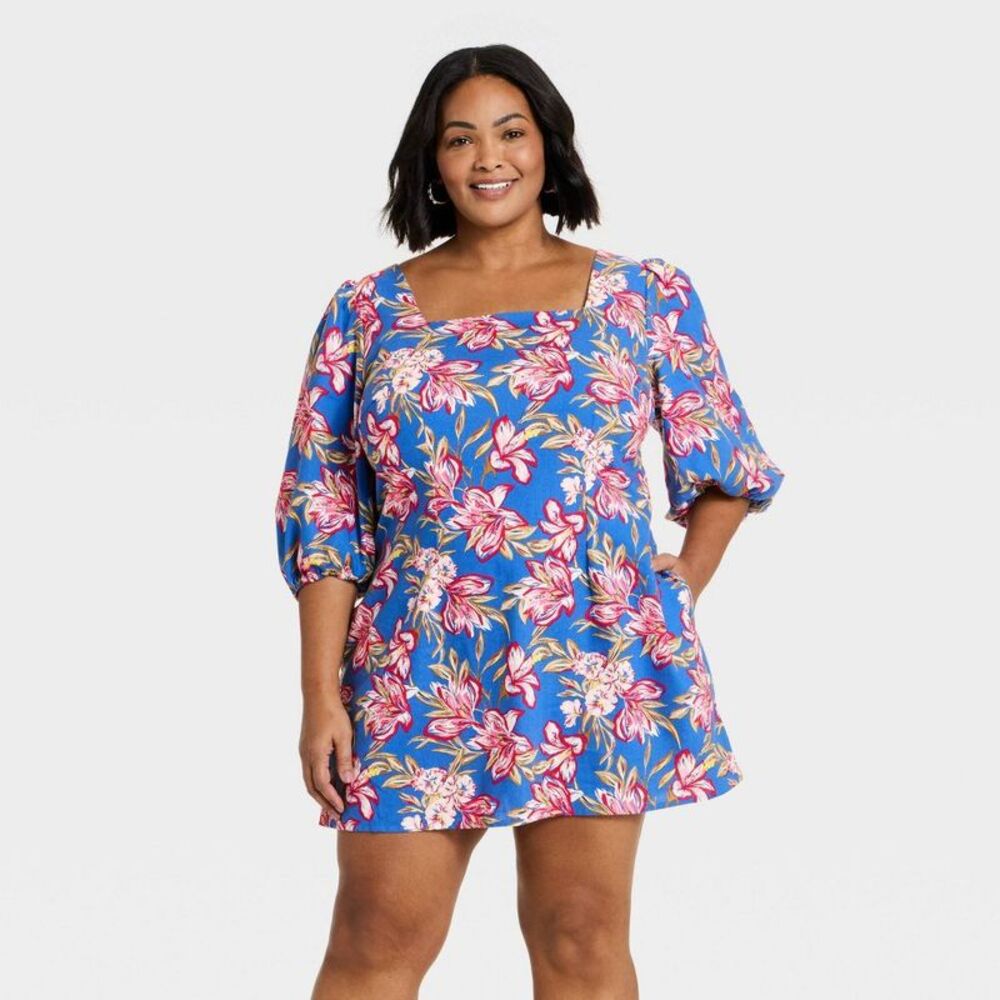 Women's Linen Mini Slip Dress - A New Day Blue Floral XXL